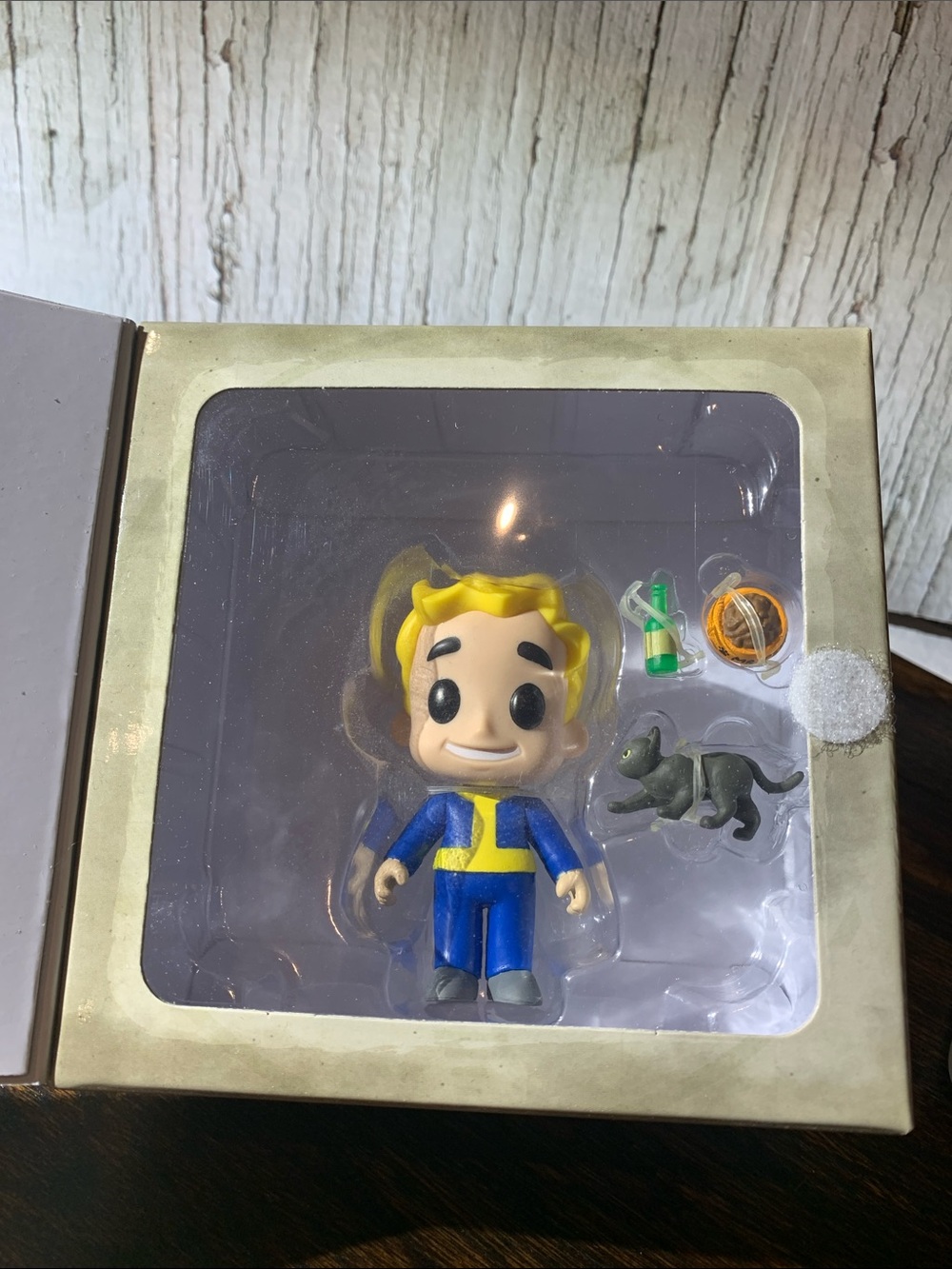 Funko Blue and Yellow Vault Boy Vinyl Figure with Green Bottle and Gray Cat NWT